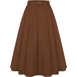 Women Pleated Skirt with Pockets A Line Brown